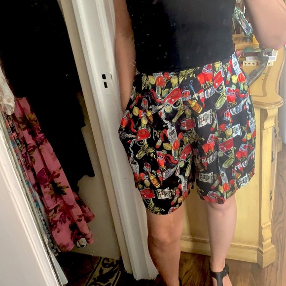 VINTAGE SILK NICOLE MILLER BLOODY MARY NOVELTY PRINT HIGH WAIST SHORTS 90s Y2K - Picture 9 of 11